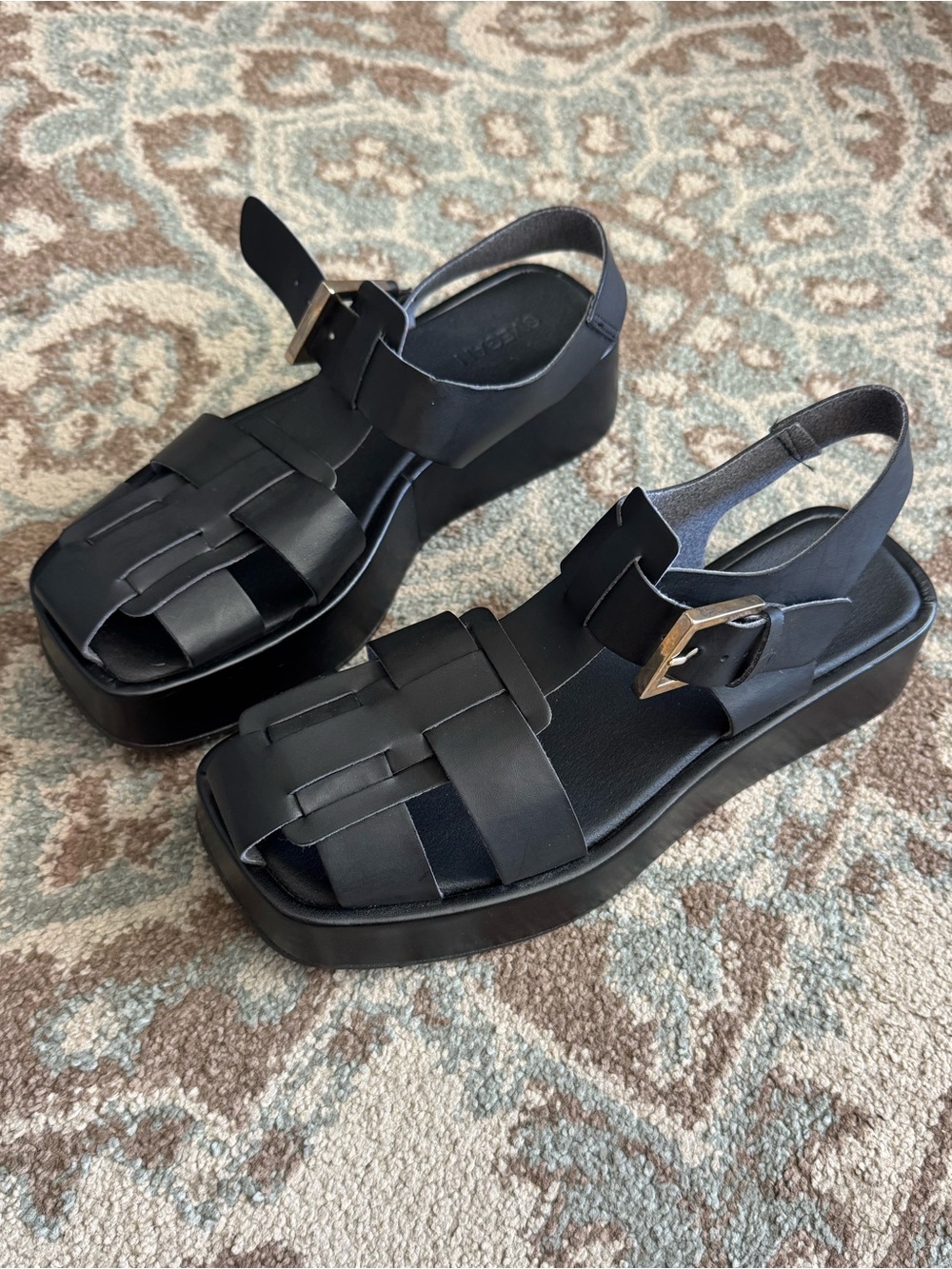 Alohas Svegan Black Faux Leather Fisherman Platform Sandal Square Toe Buckle 9.5